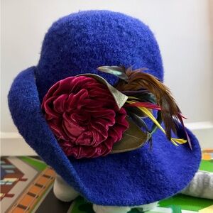Blue Felt Hat with Red Velvet Flower and Feathers